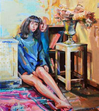 quadro evita andujar con donna seduta e fiori