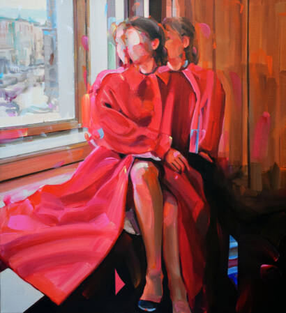 quadro di evita andujar con donna in rosso