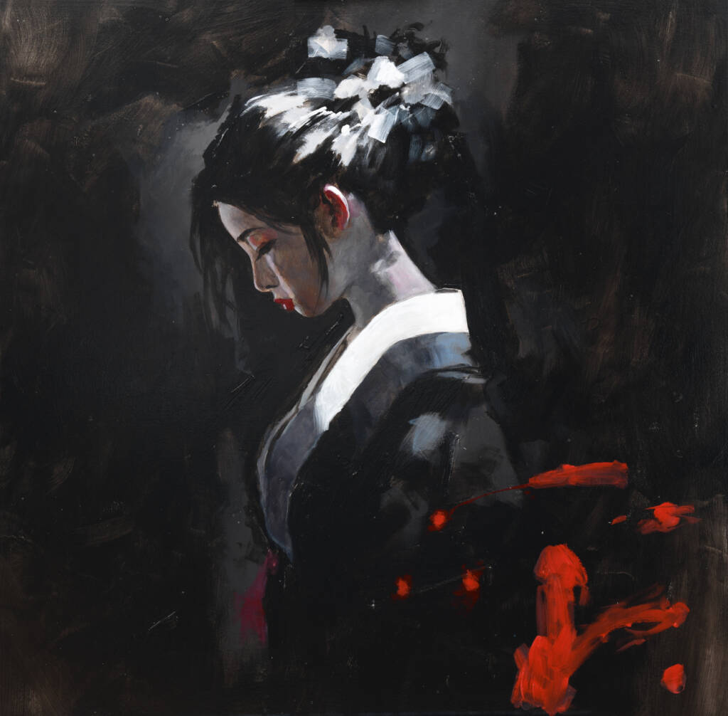 geisha in profile on black background