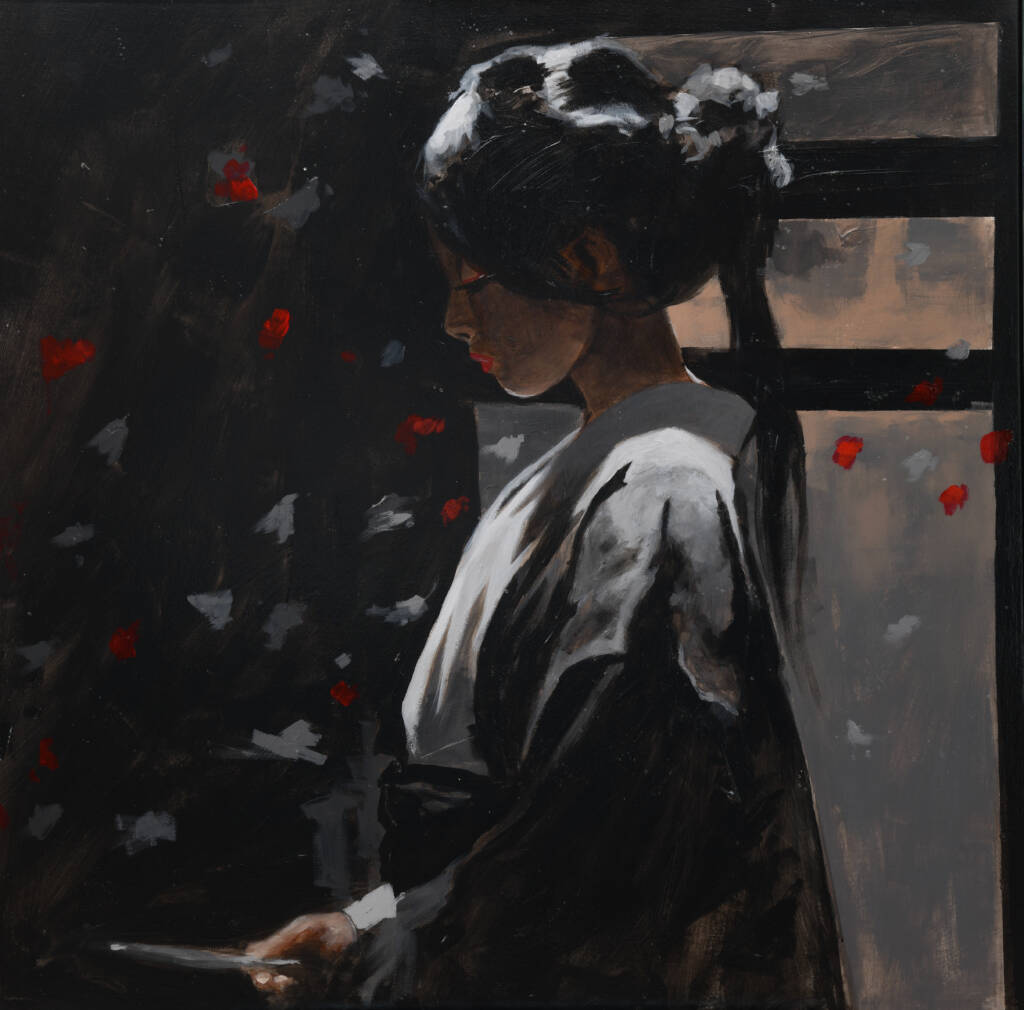 geisha in profile on black background