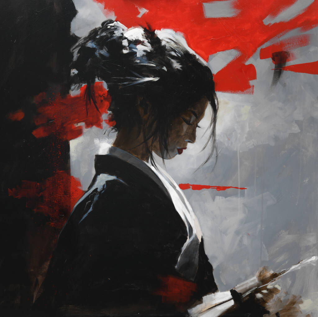 geisha in profile on black background